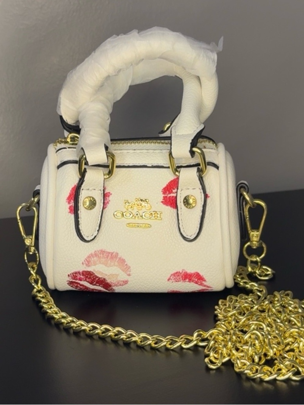 Coach White Leather Mini Satchel with Red Kiss Print and Gold Chain